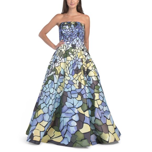 TERANI BLUE MULTI Strapless Mosaic Print Gown - Picture 1 of 2
